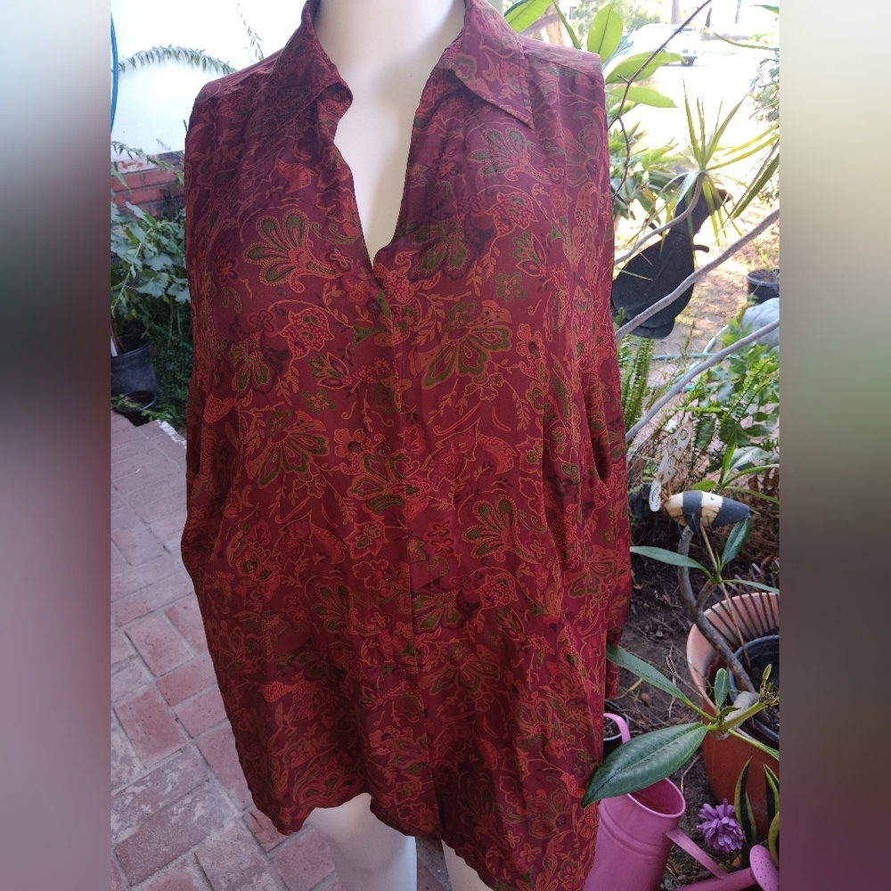 Floral Red and Green Button-Up Blouse
